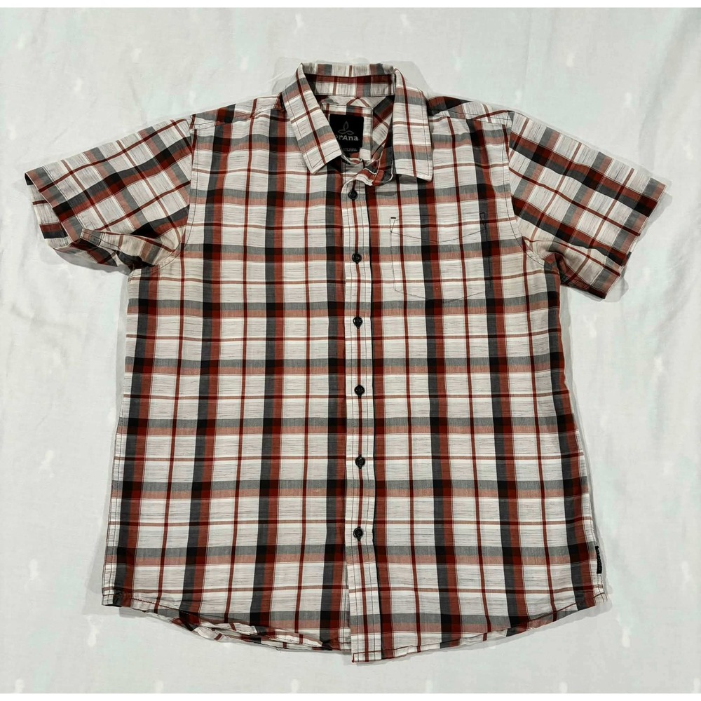 Prana Mens Short Sleeve Plaid Button Down Shirt Red Grey‎ White Medium